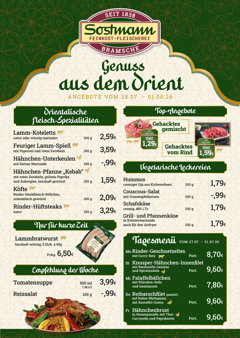 Angebotflyer für orientalische Woche in der Feinkost-Fleischerei Sostmann Bramsche