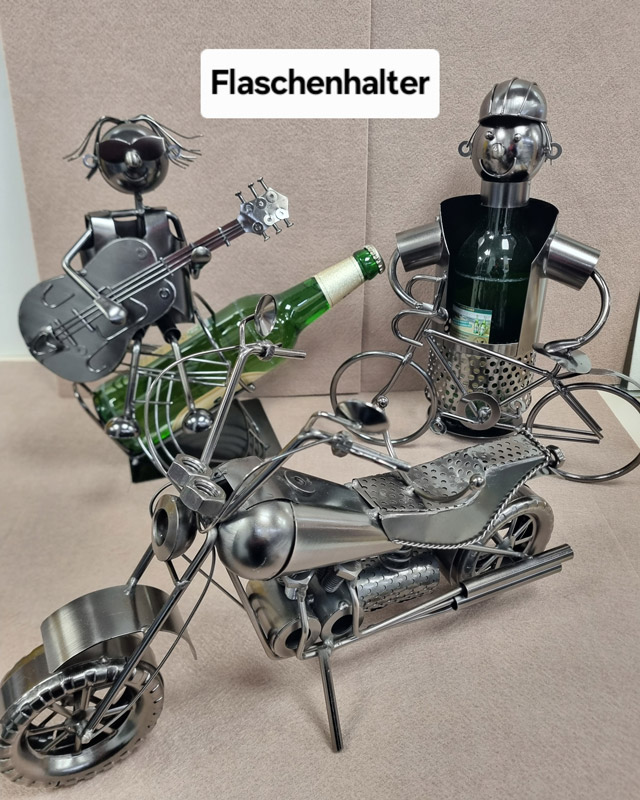 Metall-Gitarrenspieler, Motorrad und Fahrradfahrer als Flaschenhalter -Geschenkideen Twenhäfel