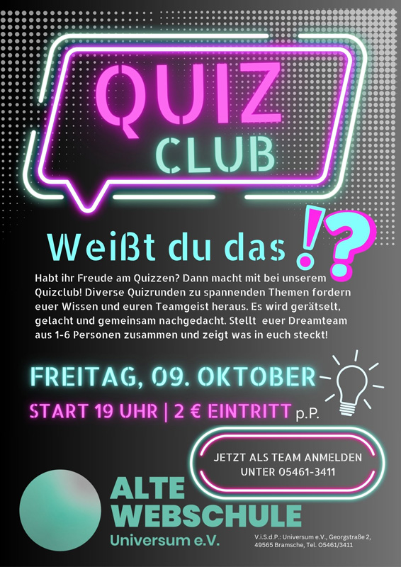 Plakat für den Quizclub am 9. Oktober in der Alten Webschule Bramsche