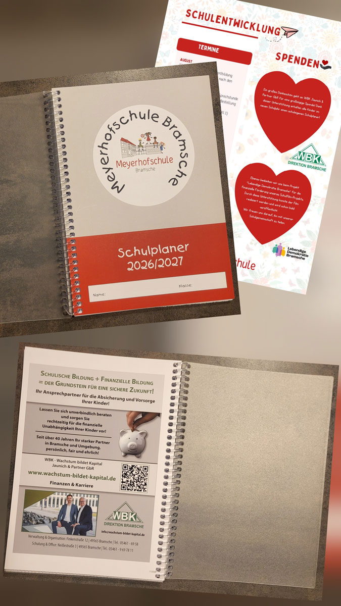 Schulplaner 26/27 Dank Spende der Jaunich & Partner GbR WBK Bramsche